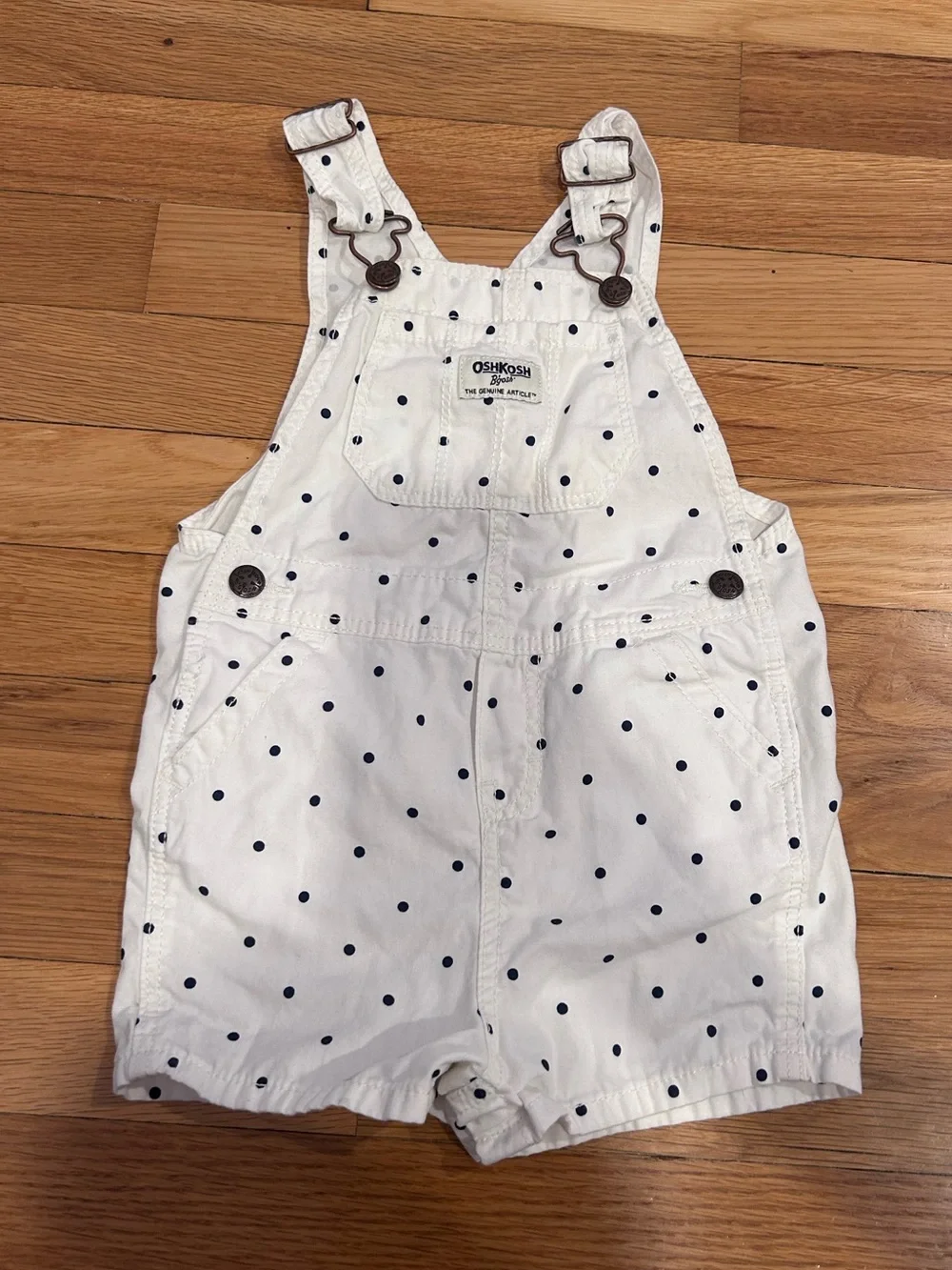 OshKosh B'gosh White Short Overalls with Navy Polka Dots